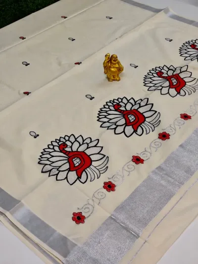 Floral Vine Printed Cotton Saree – Off White & Pink